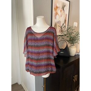 AB Studio Blouse Womens Large Purple Geometric Sheer Flutter Sleeve Excellent